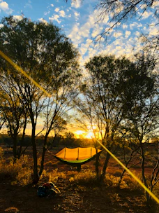 A side view of a Golite hammock set up on a rocky bluff, overlooking a mountain valley at sunset.