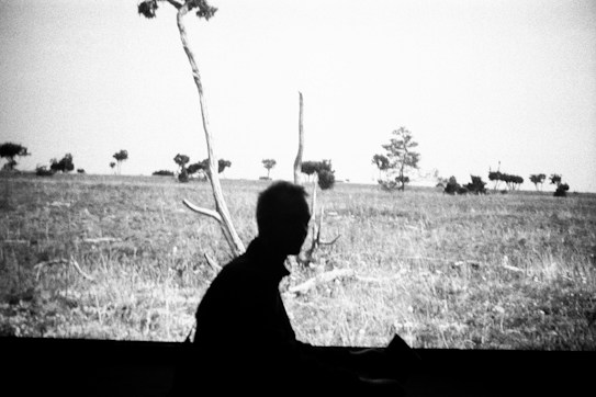 A silhouetted figure is positioned in front of a monochrome landscape, featuring a barren field with scattered trees and a cloudy sky. The stark contrast between the silhouette and the background creates a striking visual composition.