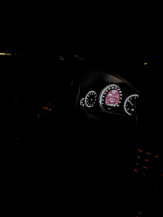 Interior car dashboard illuminated by bright, crisp Plaser LED lights with no warning lights on the panel.