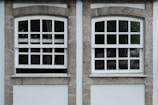 Two adjacent windows with white frames and multiple panes are set in a stone wall. Each window features a row of square panes at the top and rectangular panes below. The wall around the windows is constructed from textured gray stone with white borders. Different shades of green from trees are visible through the glass panes.
