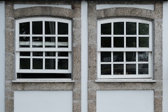 Two adjacent windows with white frames and multiple panes are set in a stone wall. Each window features a row of square panes at the top and rectangular panes below. The wall around the windows is constructed from textured gray stone with white borders. Different shades of green from trees are visible through the glass panes.