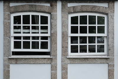 Two adjacent windows with white frames and multiple panes are set in a stone wall. Each window features a row of square panes at the top and rectangular panes below. The wall around the windows is constructed from textured gray stone with white borders. Different shades of green from trees are visible through the glass panes.