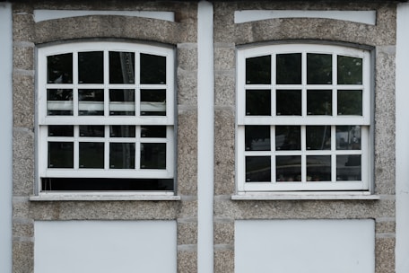 Two adjacent windows with white frames and multiple panes are set in a stone wall. Each window features a row of square panes at the top and rectangular panes below. The wall around the windows is constructed from textured gray stone with white borders. Different shades of green from trees are visible through the glass panes.
