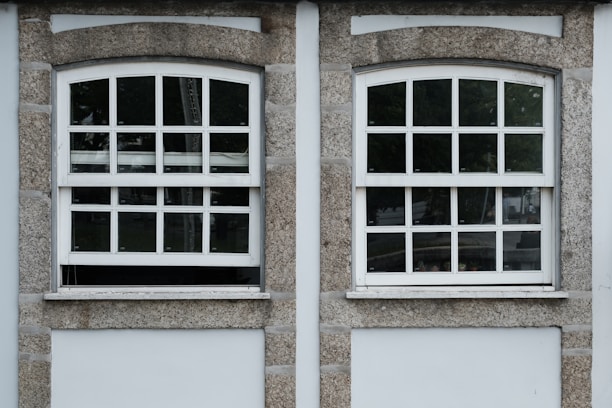 Two adjacent windows with white frames and multiple panes are set in a stone wall. Each window features a row of square panes at the top and rectangular panes below. The wall around the windows is constructed from textured gray stone with white borders. Different shades of green from trees are visible through the glass panes.