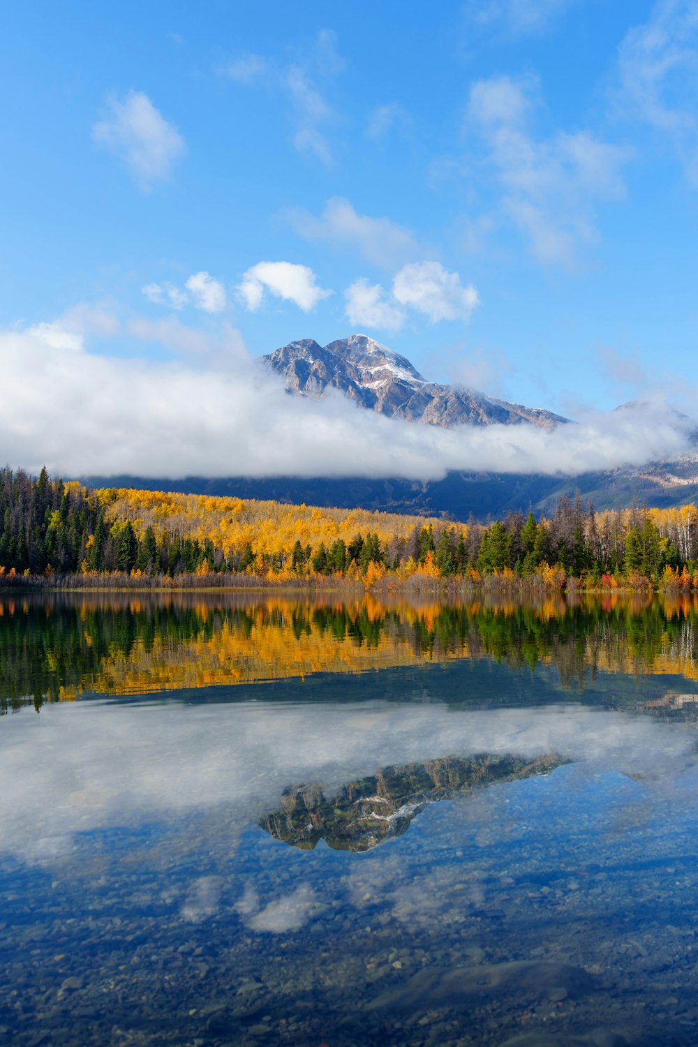 a lake with a mountain in the background