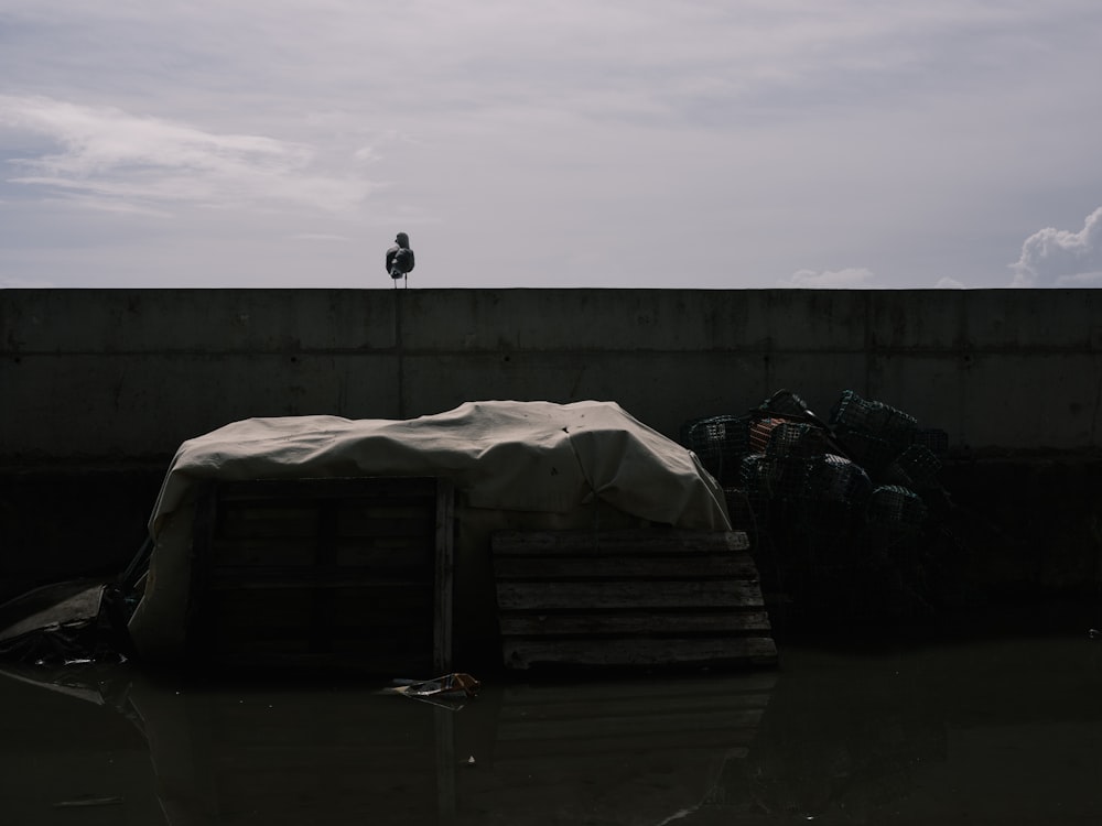 a man standing on top of a cement wall next to a pile of trash