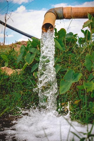 A steady stream of clear water flows out of a rust-colored metal pipe into a lush, green area filled with various types of foliage. The sky in the background is partly cloudy and adds a bright contrast to the scene.