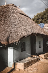 A traditional house with a thatched roof.