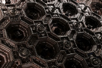 Intricate, geometric woodwork forms a complex pattern of hexagonal shapes, adorned with floral motifs and detailed carvings. The interplay of shadows enhances the depth and richness of the dark wooden material.