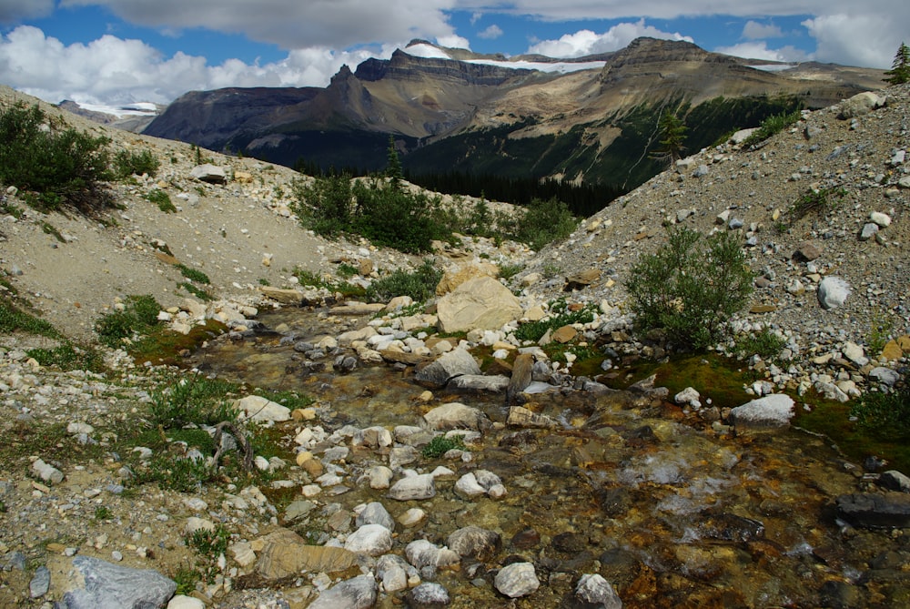 a rocky stream running through a valley surrounded by mountains