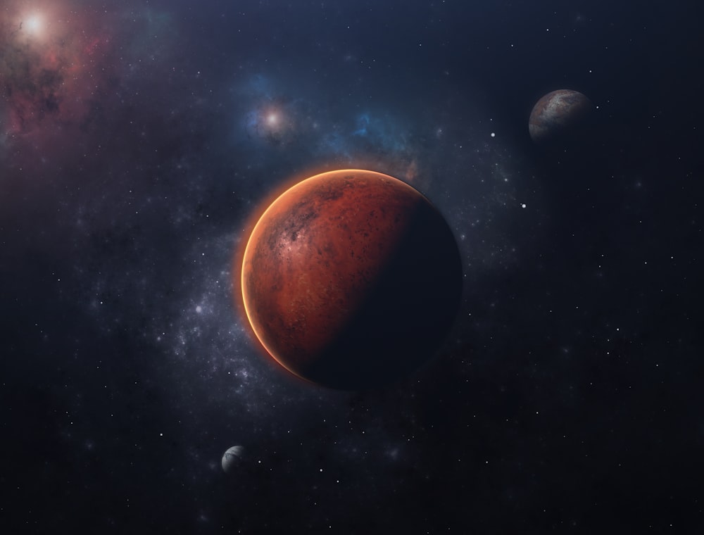 A representação de um artista de um planeta vermelho no espaço