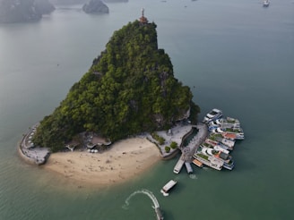 A small, lush green island with a statue on top, surrounded by calm waters. The island has a sandy beach with people scattered around and several boats docked at a pier. Pathways and structures for tourists are visible along the shoreline.