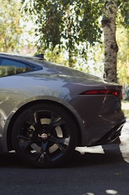 The rear side of a sleek, modern car is parked on a shaded street with green trees around. Sunlight filters through the leaves creating dappled patterns on the car's smooth metallic surface.