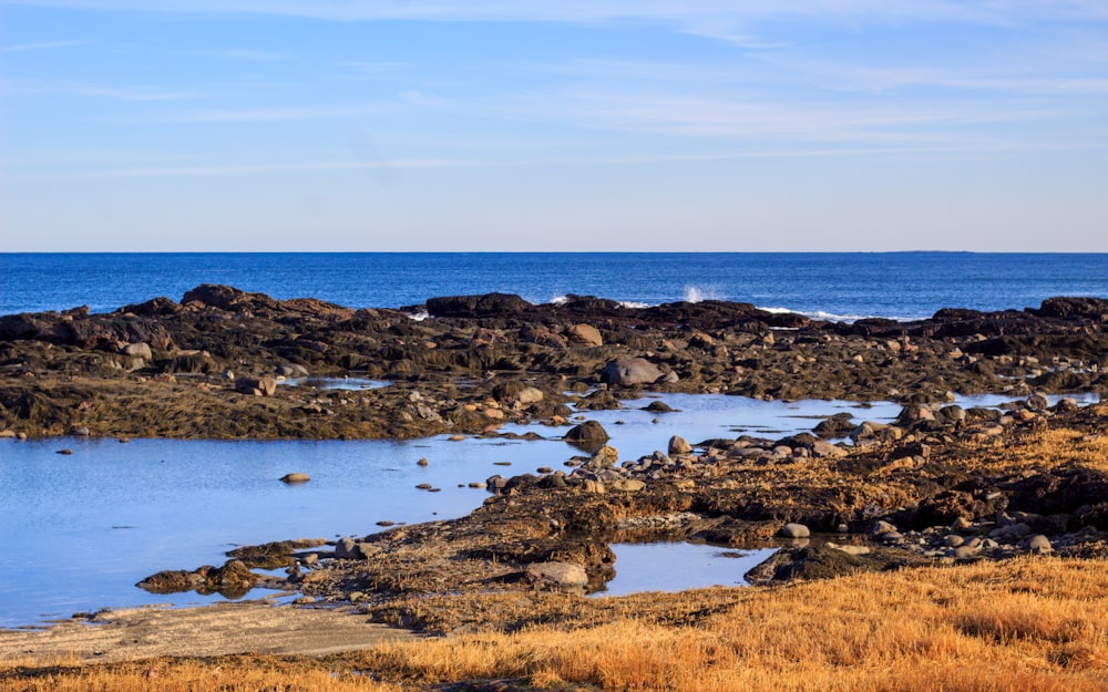 Un grande specchio d'acqua seduto accanto a una costa rocciosa