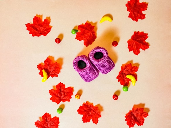 A pair of purple knitted baby booties is surrounded by red maple leaves and colorful small objects, including yellow banana-shaped pieces and round objects in red, green, and orange.