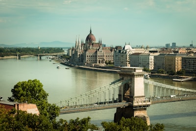 A picturesque view of a historic European cityscape featuring a prominent river and bridge. The parliament building with its distinctive Gothic architecture stands out prominently along the riverbank. Trees and urban buildings line the horizon under a serene sky.