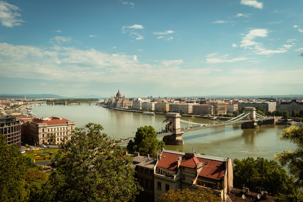 a view of a river and a bridge in a city