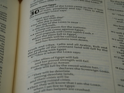 A close-up of a page from a book featuring religious text, with the chapter title 'A lament over Egypt' and large numeral '30' at the top. The text includes prophecies and speaks of nations, clouds, Egypt, and sword imagery.