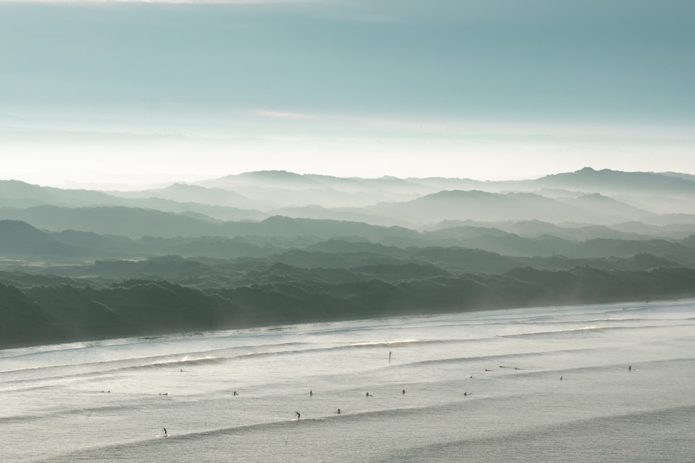 a group of people standing on top of a sandy beach