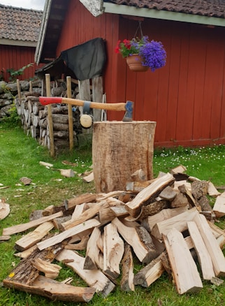 A pile of chopped wood is scattered on the grass beside a large tree stump. An axe is embedded in the stump, with its handle extending horizontally. To the right, a red wooden barn with a tiled roof serves as the backdrop, and a hanging flower pot with vibrant purple and red flowers decorates the scene.