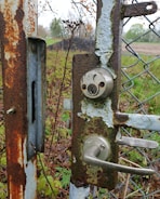 A close-up of a rusted metal gate with a worn-out lock mechanism. The lock and handle are attached to a chain-link fence, with visible peeling paint and moss growth. Behind the gate, there's overgrown vegetation and a field in the distance, showcasing a natural setting.