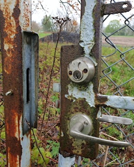 A close-up of a rusted metal gate with a worn-out lock mechanism. The lock and handle are attached to a chain-link fence, with visible peeling paint and moss growth. Behind the gate, there's overgrown vegetation and a field in the distance, showcasing a natural setting.