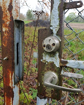 A close-up of a rusted metal gate with a worn-out lock mechanism. The lock and handle are attached to a chain-link fence, with visible peeling paint and moss growth. Behind the gate, there's overgrown vegetation and a field in the distance, showcasing a natural setting.