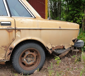 A rusted and damaged car with peeling paint, particularly around the wheel arch. The tire appears worn, and the overall condition suggests the vehicle has been neglected for an extended period. Surrounding the car, there is greenery, indicating it is parked outdoors near vegetation.