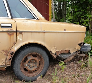 A rusted and damaged car with peeling paint, particularly around the wheel arch. The tire appears worn, and the overall condition suggests the vehicle has been neglected for an extended period. Surrounding the car, there is greenery, indicating it is parked outdoors near vegetation.