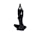 A black, glossy statue of a figure in a seated yoga pose with arms raised above the head and hands together.