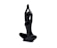 A black, glossy statue of a figure in a seated yoga pose with arms raised above the head and hands together.