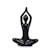 A shiny black sculpture of a human figure in a seated yoga pose, with legs crossed and arms raised above the head, creating a graceful and abstract representation of meditation or tranquility.
