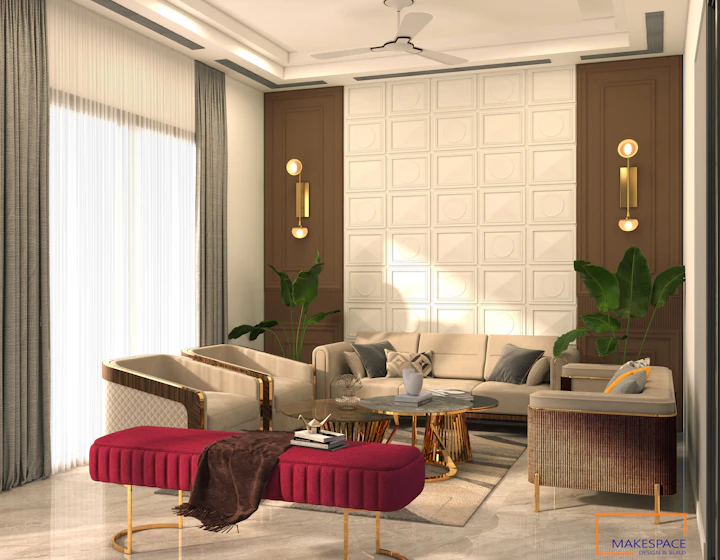 Living and dining space finished with imported stone, joinery and lighting
