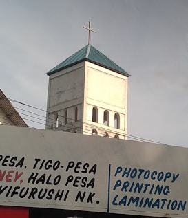A church tower with a cross on top is visible above a building with a blue roof. In the foreground, there is a partially visible sign featuring text advertising various money transfer services and printing-related activities.