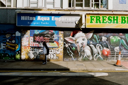 A street scene with vibrant graffiti art covering store shutters, including a cartoonish character with large eyes and a stylized depiction of other elements. There is a passing pedestrian carrying a cardboard box, casting a shadow on the pavement. The storefronts include signs for a pet shop and fresh goods market.