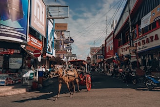 A bustling city street filled with various storefronts and large signs advertising different brands, including Xiaomi and realme. A horse-drawn carriage is prominently featured in the middle of the street, with the horse and cart casting shadows on the pavement. Numerous motorcycles and people can be seen on the street, adding to the lively urban atmosphere.