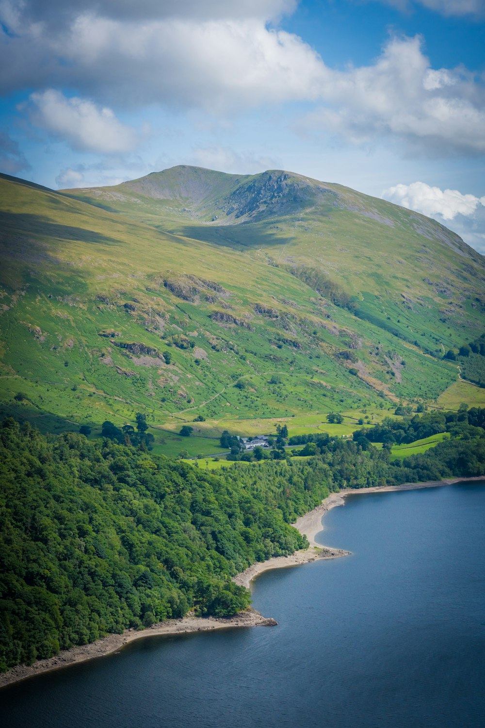 a large body of water surrounded by lush green hills