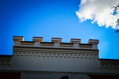 Freshly painted fascia and soffit under a bright blue sky.