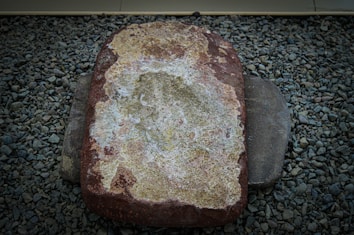 A large, weathered stone with rough, uneven texture is positioned on a bed of smaller pebbles. The stone has a mix of earthy colors including brown, beige, and hints of green, suggesting lichen or moss growth.