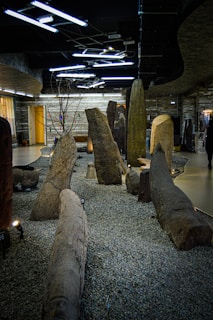 A museum exhibit featuring a collection of large, upright stones and logs displayed on a gravel-covered floor. The setting includes modern lighting fixtures hanging from a dark ceiling, and the walls are adorned with stone-like patterns. Some stones are numbered, indicating they are part of a cataloged exhibition.