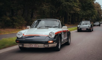 A vintage car rally featuring several classic Porsche cars driving along a tree-lined road. The lead car is a white Porsche with red and black detailing, driven by two individuals. Other similar models follow closely behind in a scenic, lush environment.