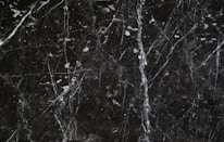 A dark marble surface characterized by intricate white veining and scattered white specks. The texture appears smooth and polished, common in natural stone countertops or flooring.