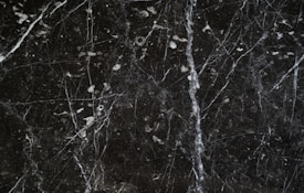 A dark marble surface characterized by intricate white veining and scattered white specks. The texture appears smooth and polished, common in natural stone countertops or flooring.