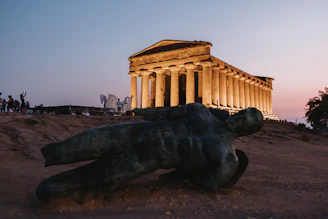 An ancient Greek temple bathed in twilight, with subtle shadows hinting at mythic tales.