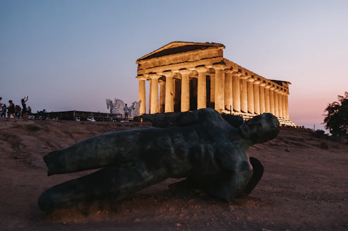 An ancient Greek temple bathed in twilight, with subtle shadows hinting at mythic tales.