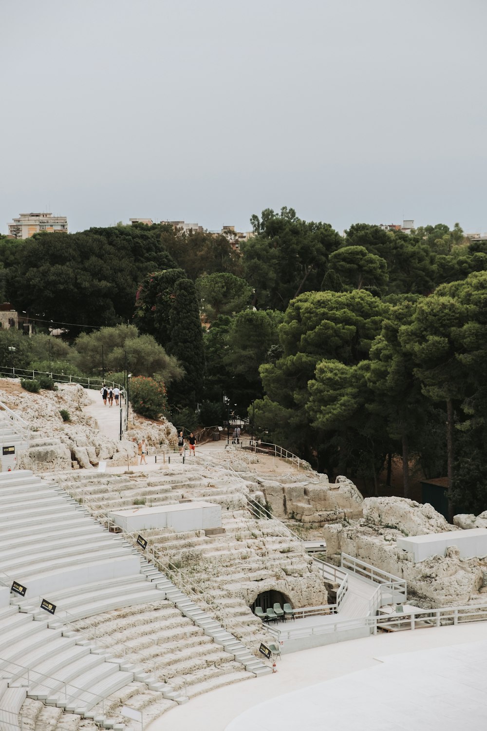 a view of a roman amphit with trees in the background