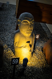 Unique ceramic sculpture displayed with a spotlight.