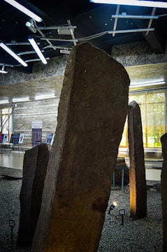 Several large stone monoliths are displayed indoors on a gravel surface. The ceiling features modern lighting fixtures, and informational boards are visible in the background, positioned near large windows that let in natural light.