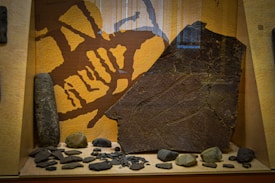 A display case contains various rocks and stone artifacts, with a large cracked slab prominently featured. The background has a pattern resembling ancient petroglyphs or cave paintings.