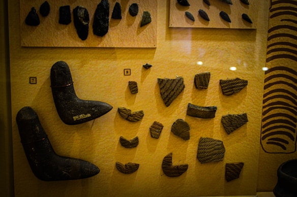 A display case containing various ancient artifacts, including stone tools, pottery shards, and ornamental objects. The items are arranged by numbers with 7 and 8 prominently marked. Some artifacts have intricate patterns and designs carved into them.